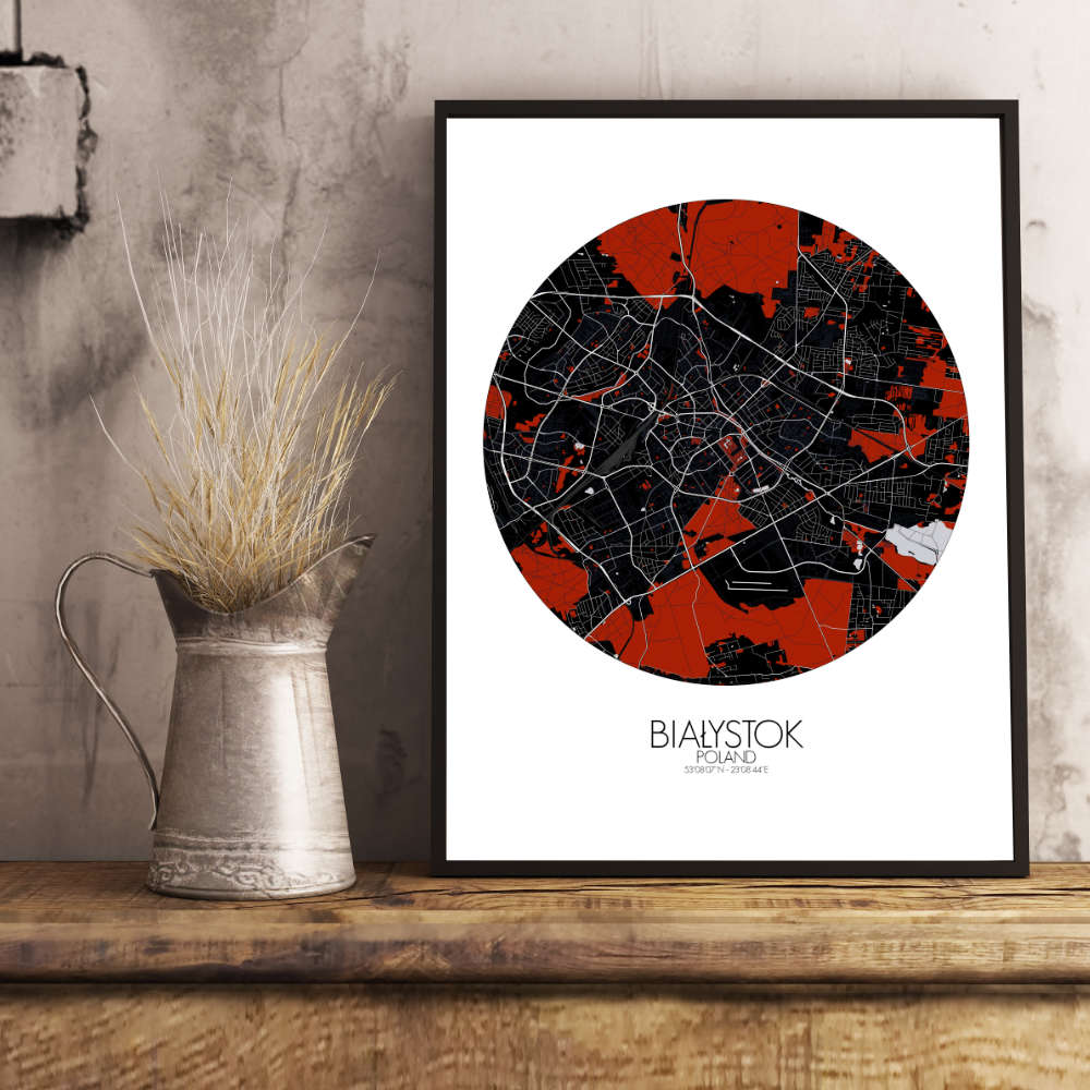 Mapospheres Bialystok Red dark round shape design poster city map
