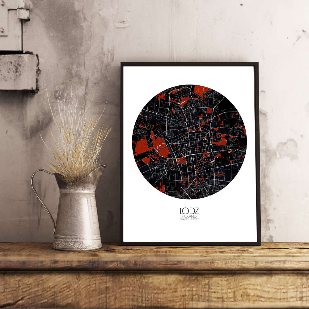 Mapospheres Lodz Red dark round shape design poster city map