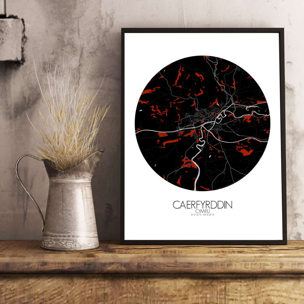 Mapospheres Carmarthen Red dark round shape design poster city map