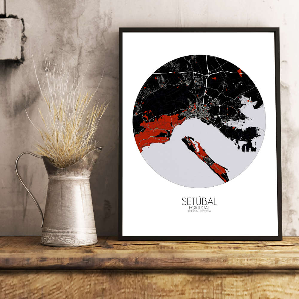 Mapospheres Setubal Red dark round shape design poster city map