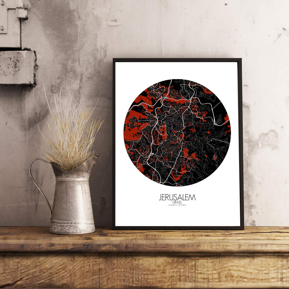 Mapospheres Jerusalem Red dark round shape design poster city map