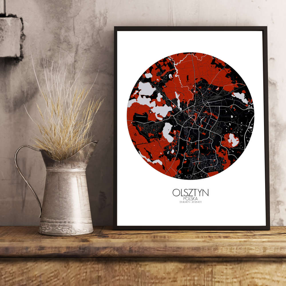Mapospheres Olsztyn Red dark round shape design poster city map