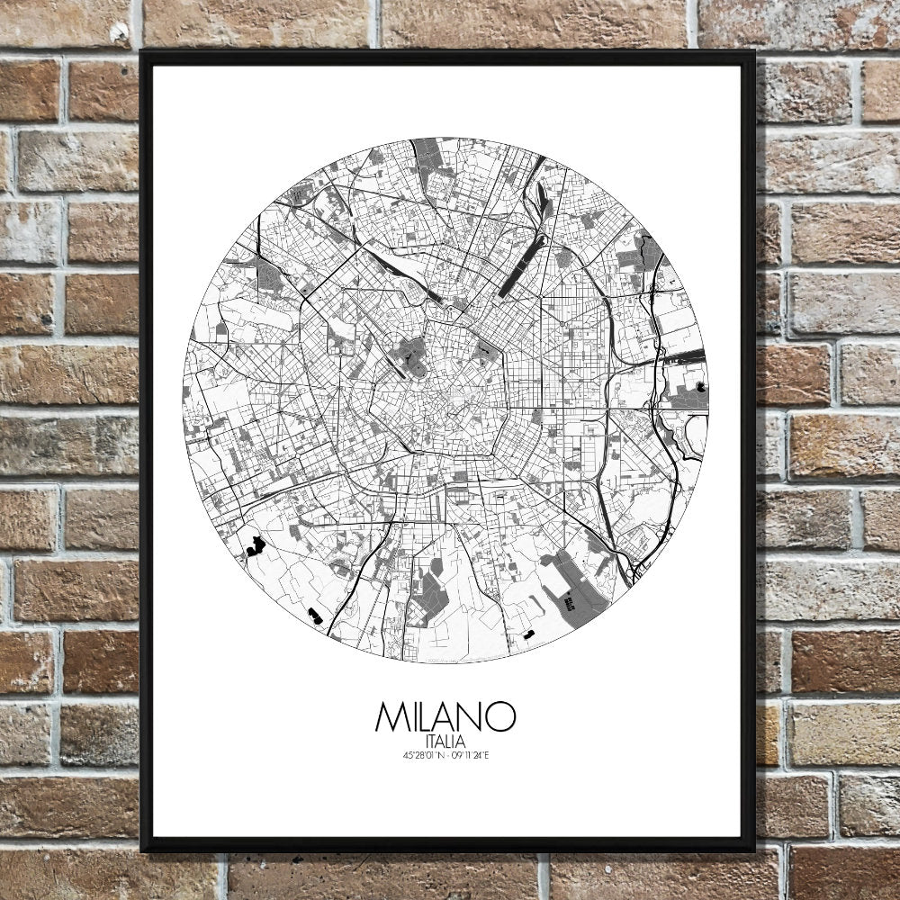 Mapospheres Milan Black and White round shape design poster city map