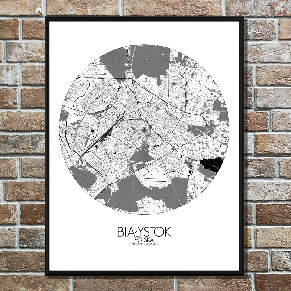 Mapospheres Bialystok Black and White round shape design poster city map