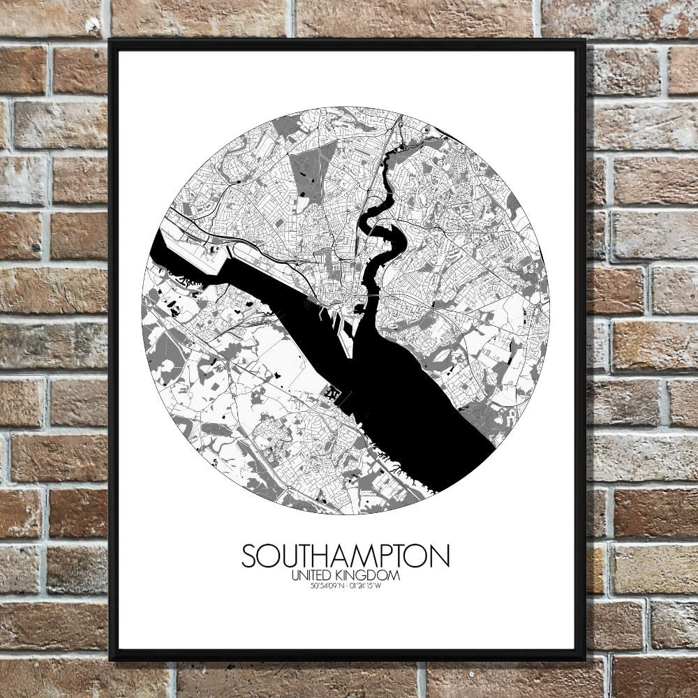 Mapospheres Southampton Black and White round shape design poster city map