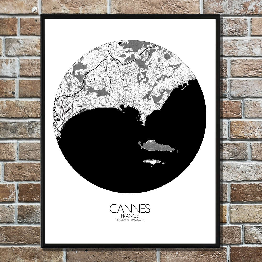 Mapospheres Cannes Black and White round shape design poster city map