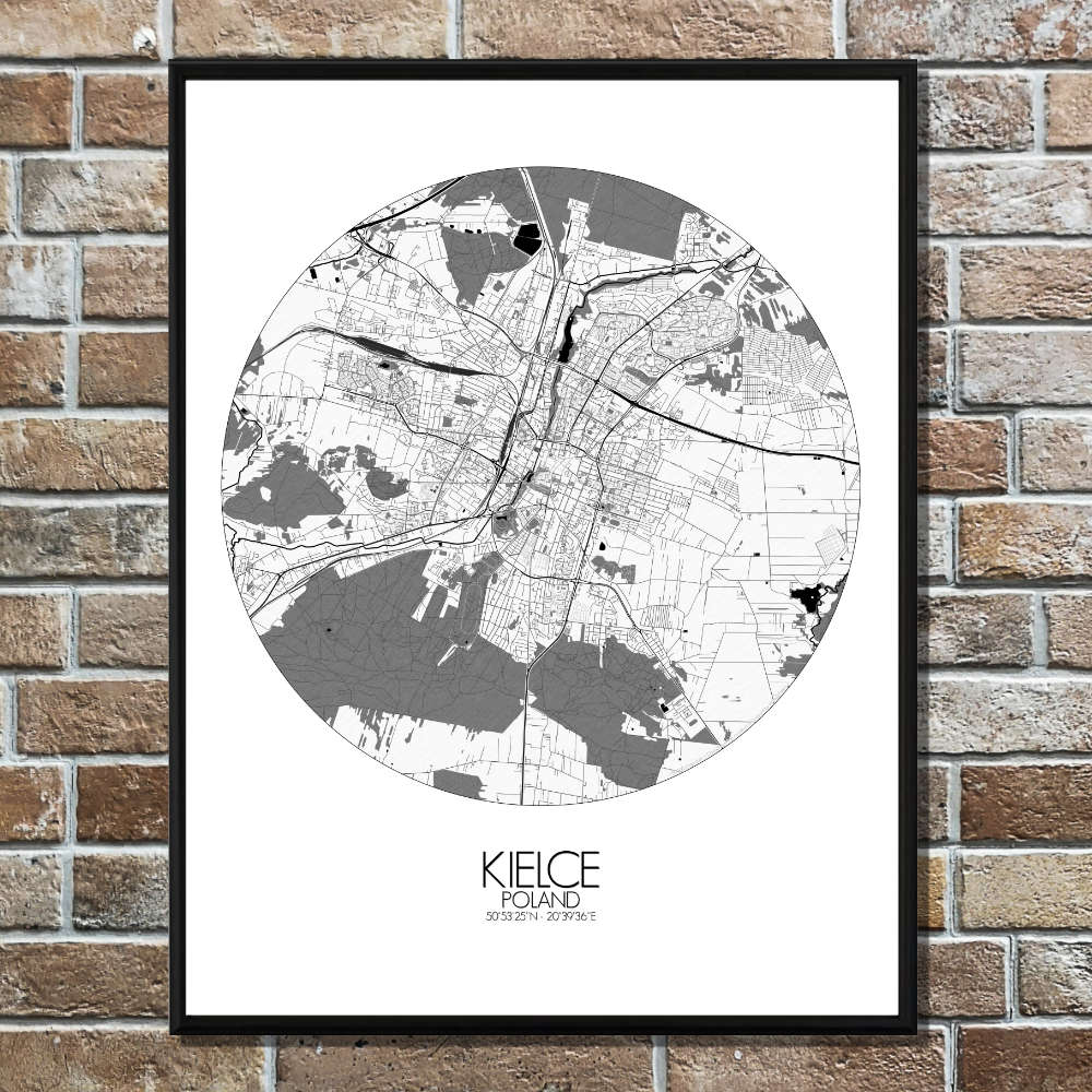 Mapospheres Kielce Black and White round shape design poster city map