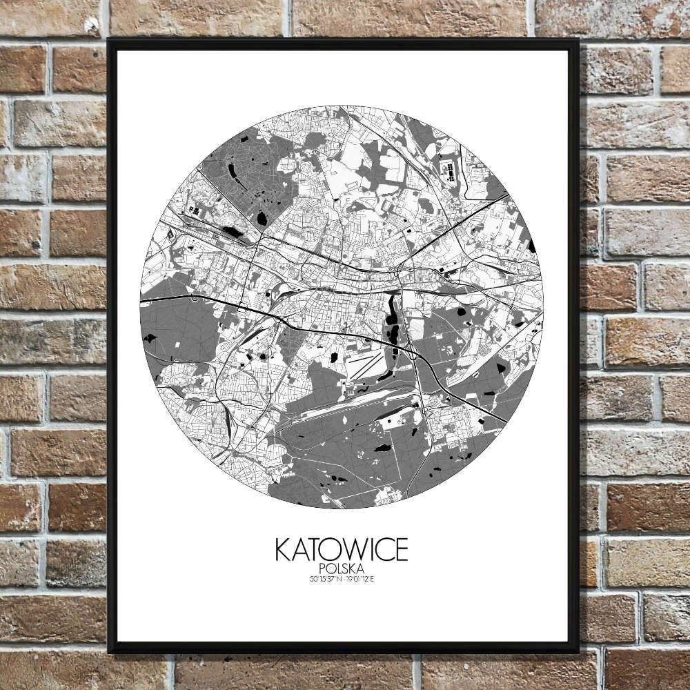 Mapospheres Katowice Black and White round shape design poster city map