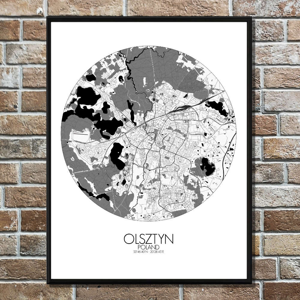 Mapospheres Olsztyn Black and White round shape design poster city map