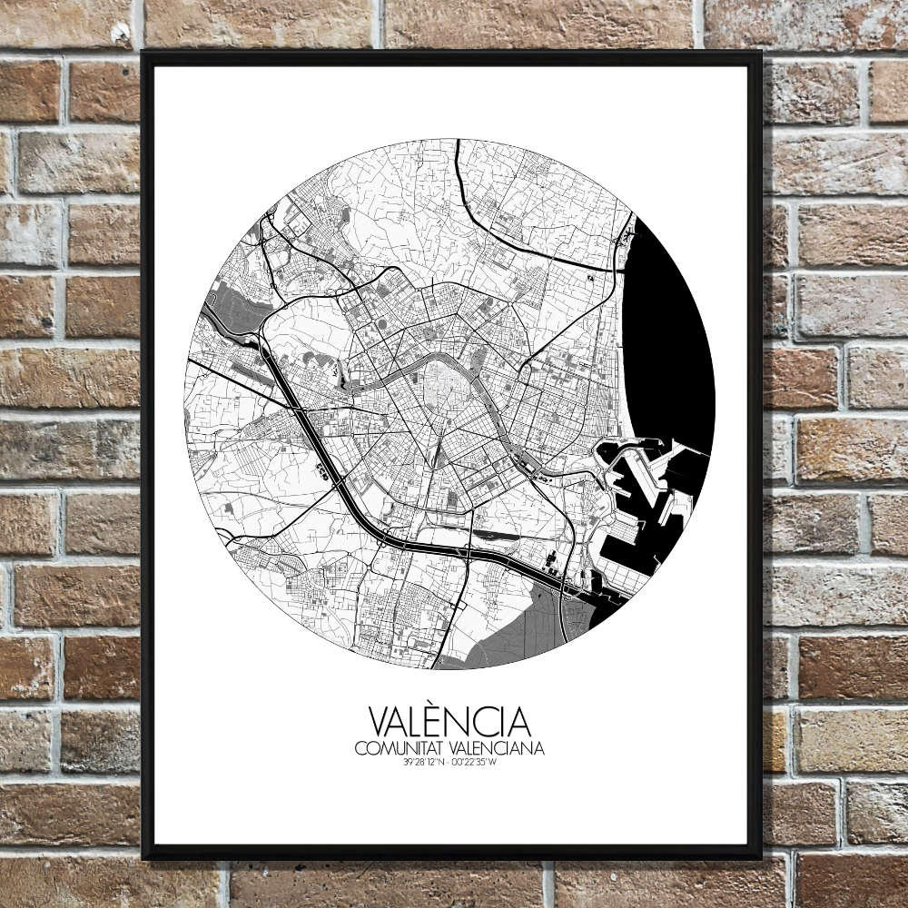 Mapospheres Valencia Black and White round shape design poster affiche city map