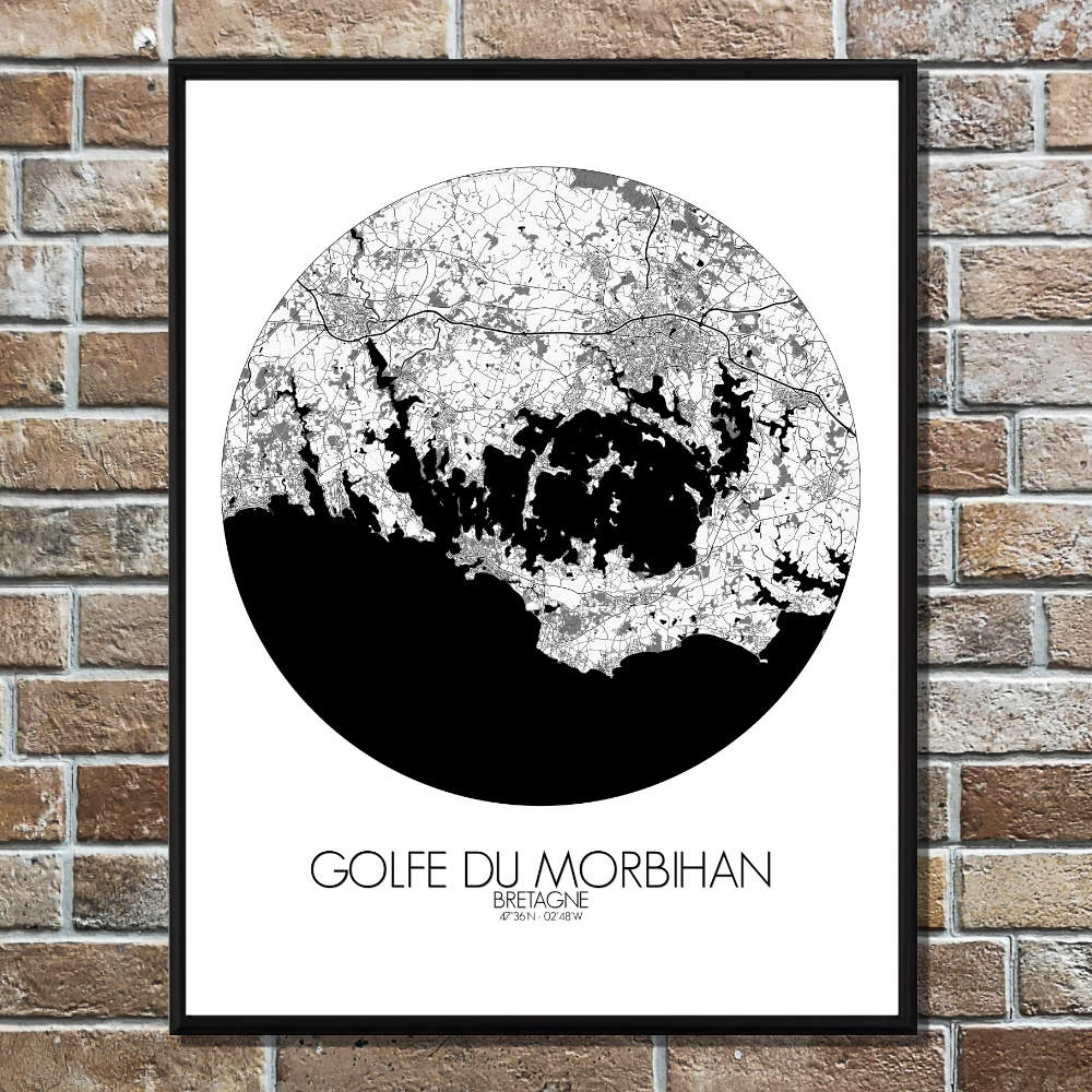 Mapospheres the Gulf of Morbihan Black and White round shape design poster city map