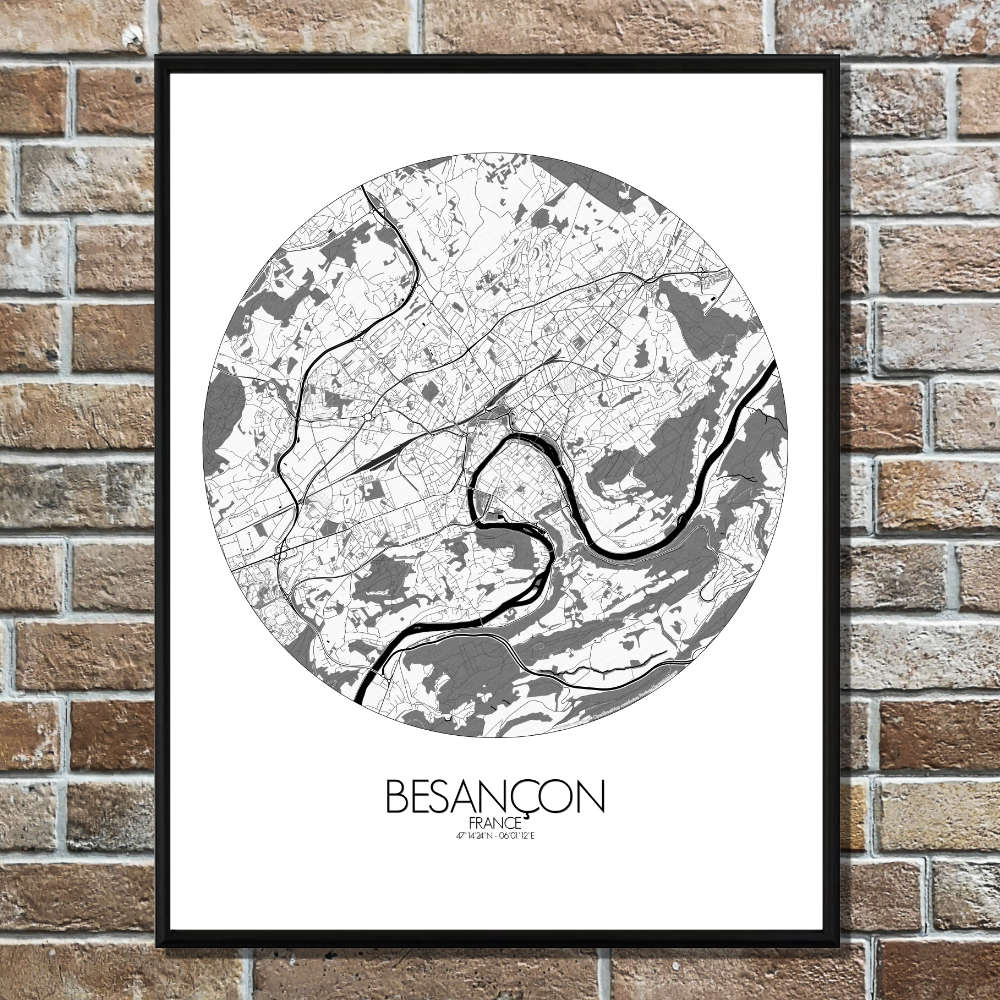 Mapospheres Besancon Black and White round shape design poster city map