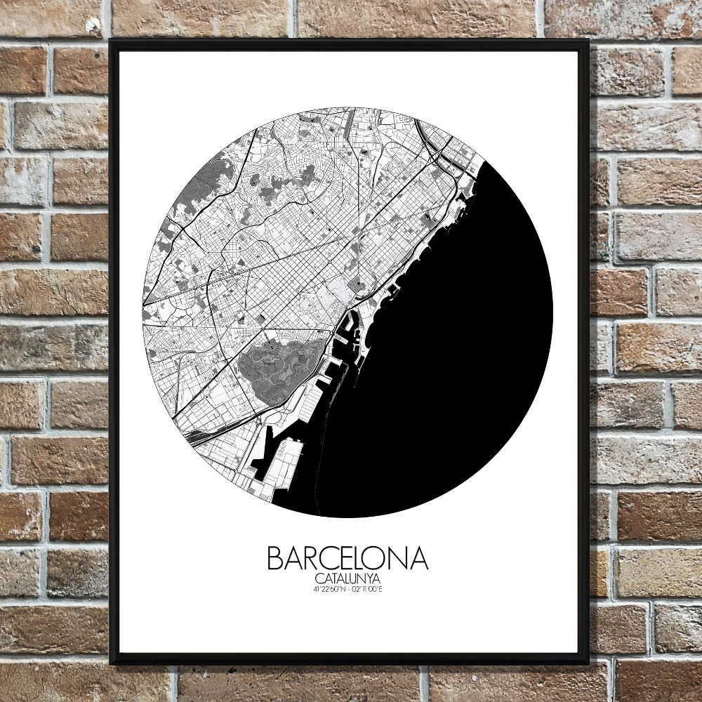 Mapospheres Barcelona Black and White round shape design poster affiche city map