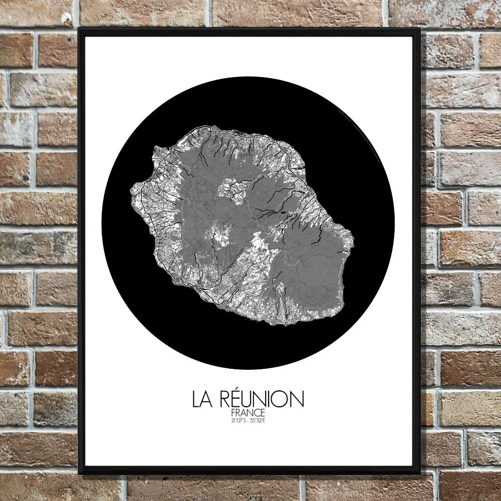 Mapospheres La Reunion Black and White round shape design poster city map