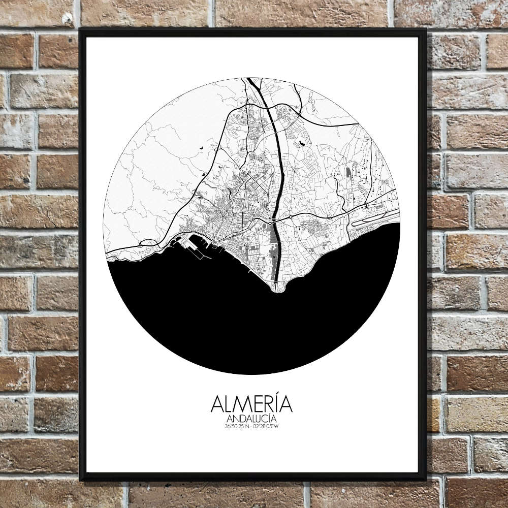 Mapospheres Almeria Black and White round shape design poster affiche city map