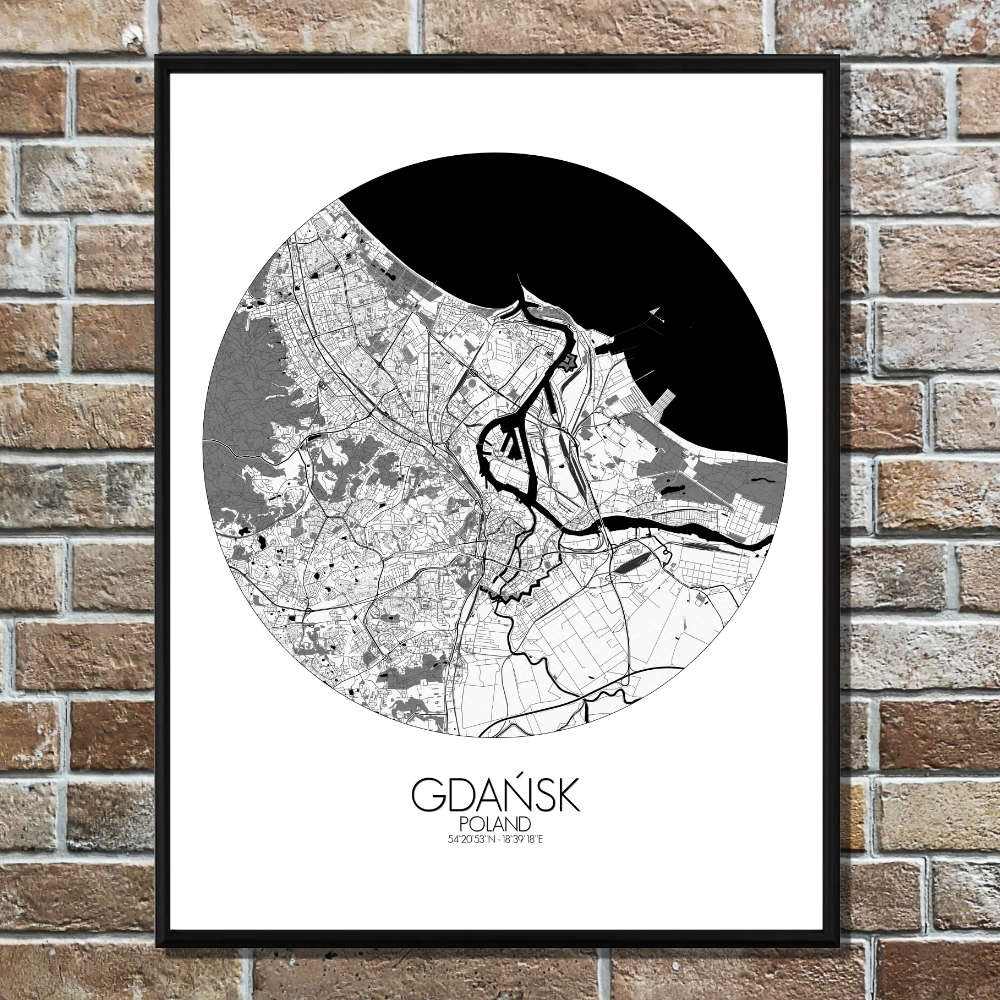 Mapospheres Gdansk Black and White round shape design poster affiche city map