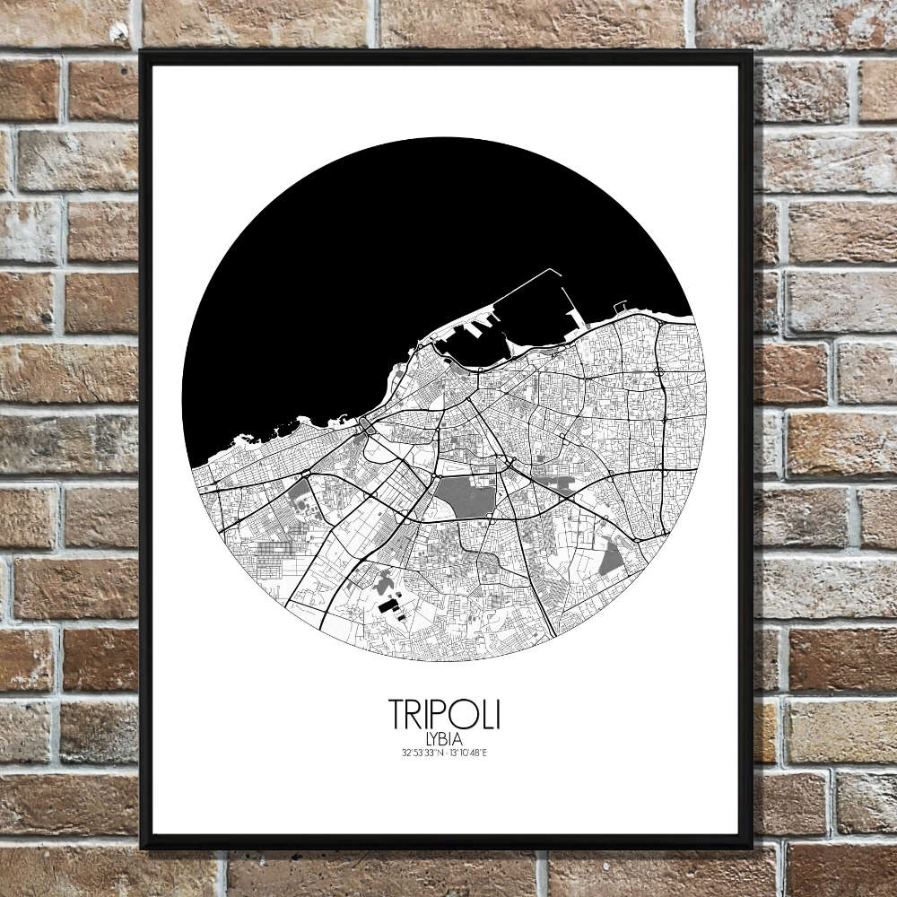Mapospheres Tripoli Black and White round shape design poster affiche city map