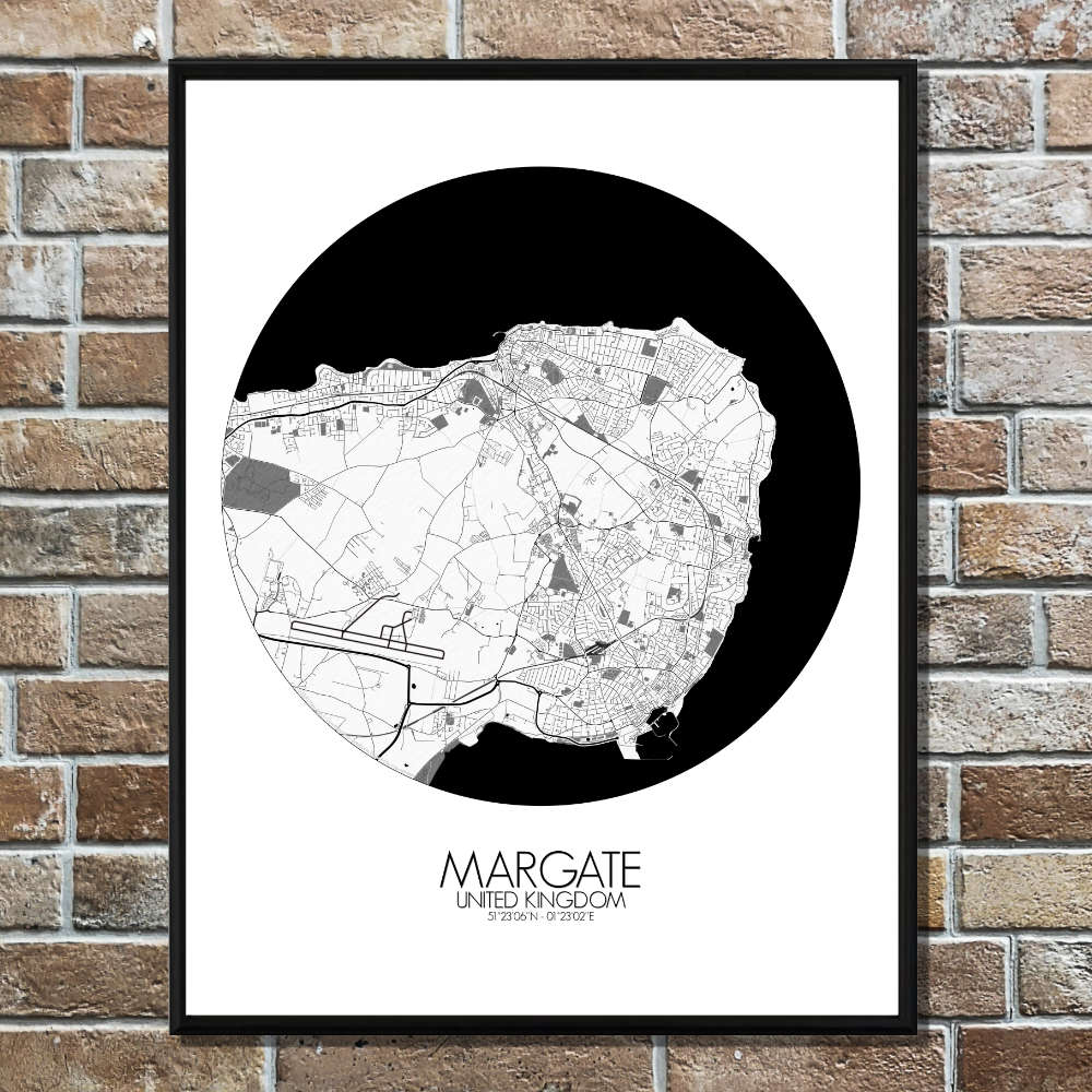 Mapospheres Margate Black and White round shape design poster affiche city map