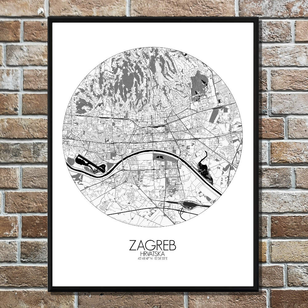 Mapospheres Zagreb Black and White round shape design poster city map