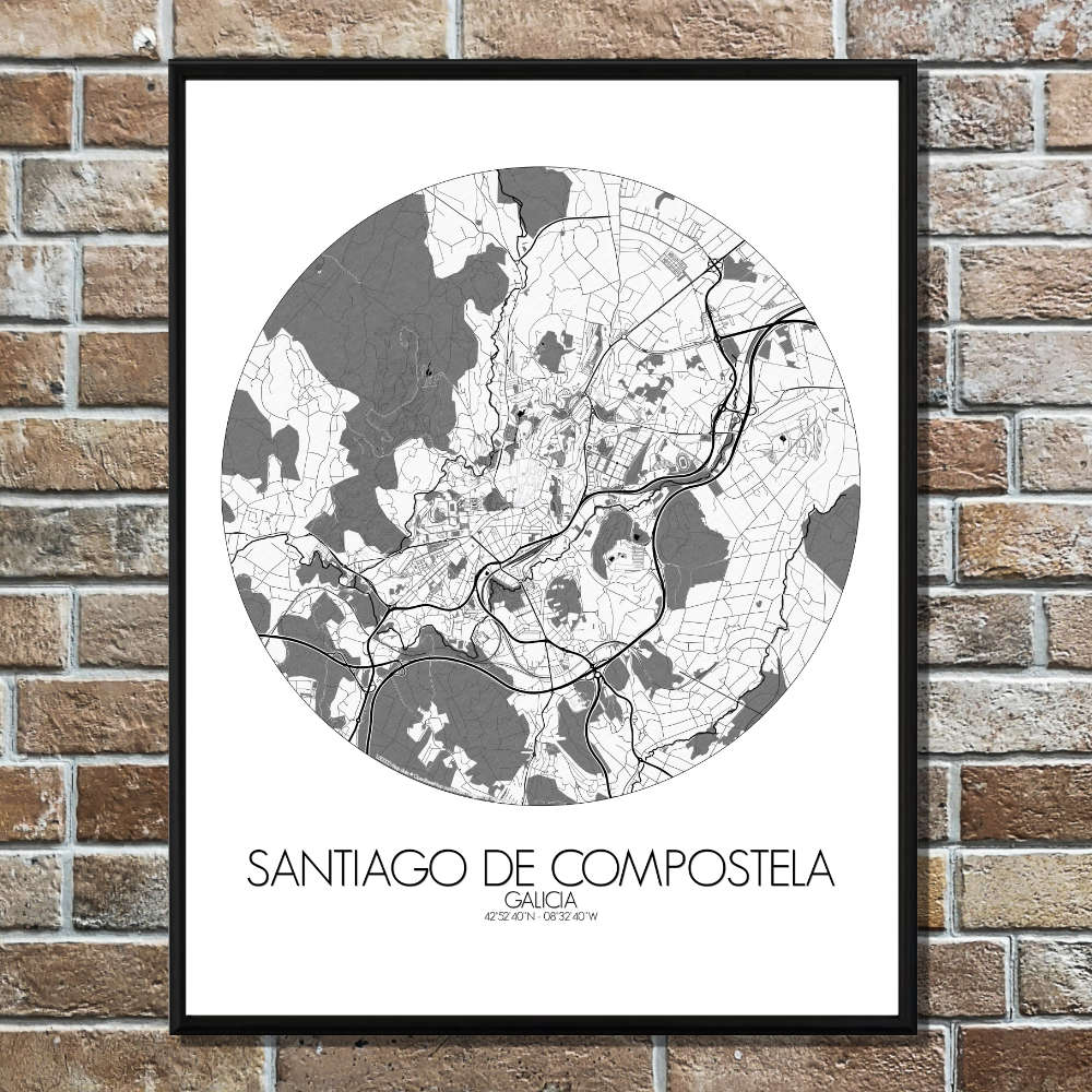 Mapospheres Santiago Black and White round shape design poster affiche city map
