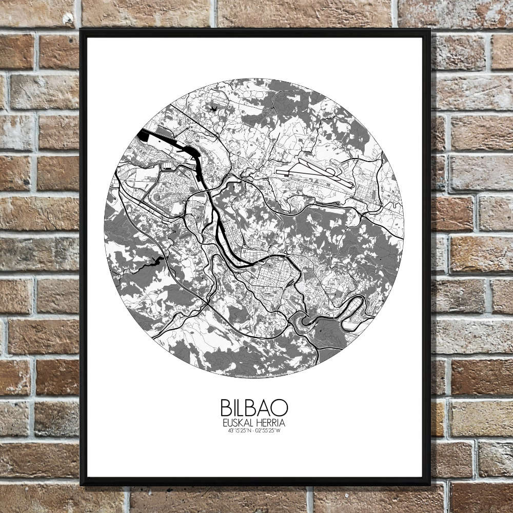 Mapospheres Bilbao Black and White round shape design poster affiche city map