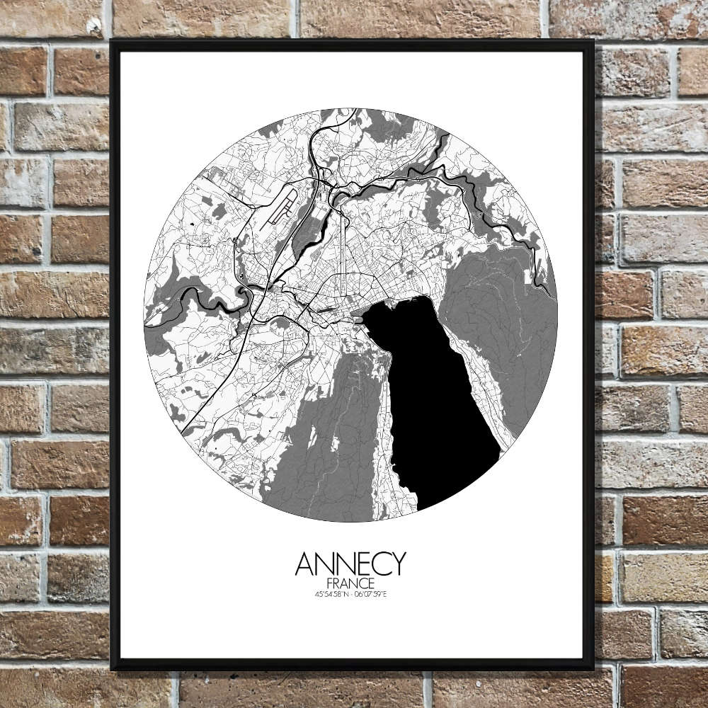 Mapospheres Annecy Black and White round shape design poster city map