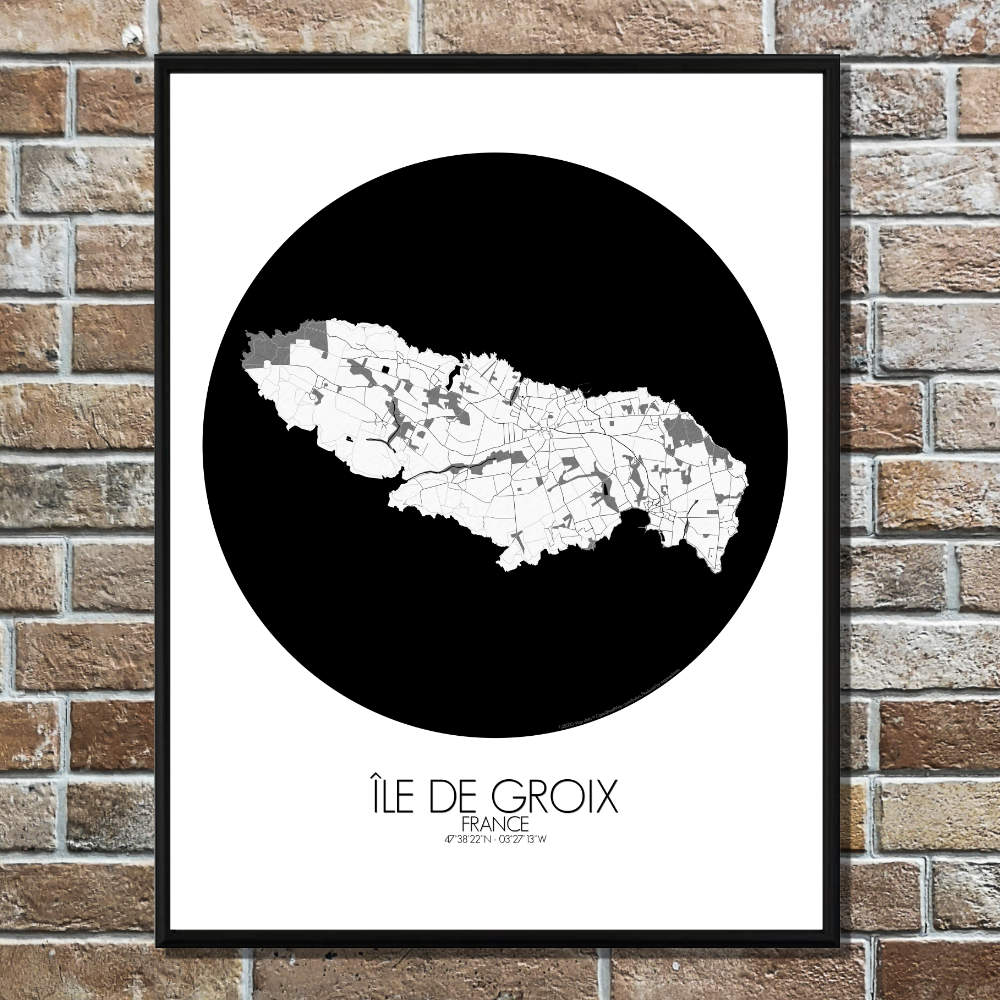 Mapospheres Groix Black and White round shape design poster city map