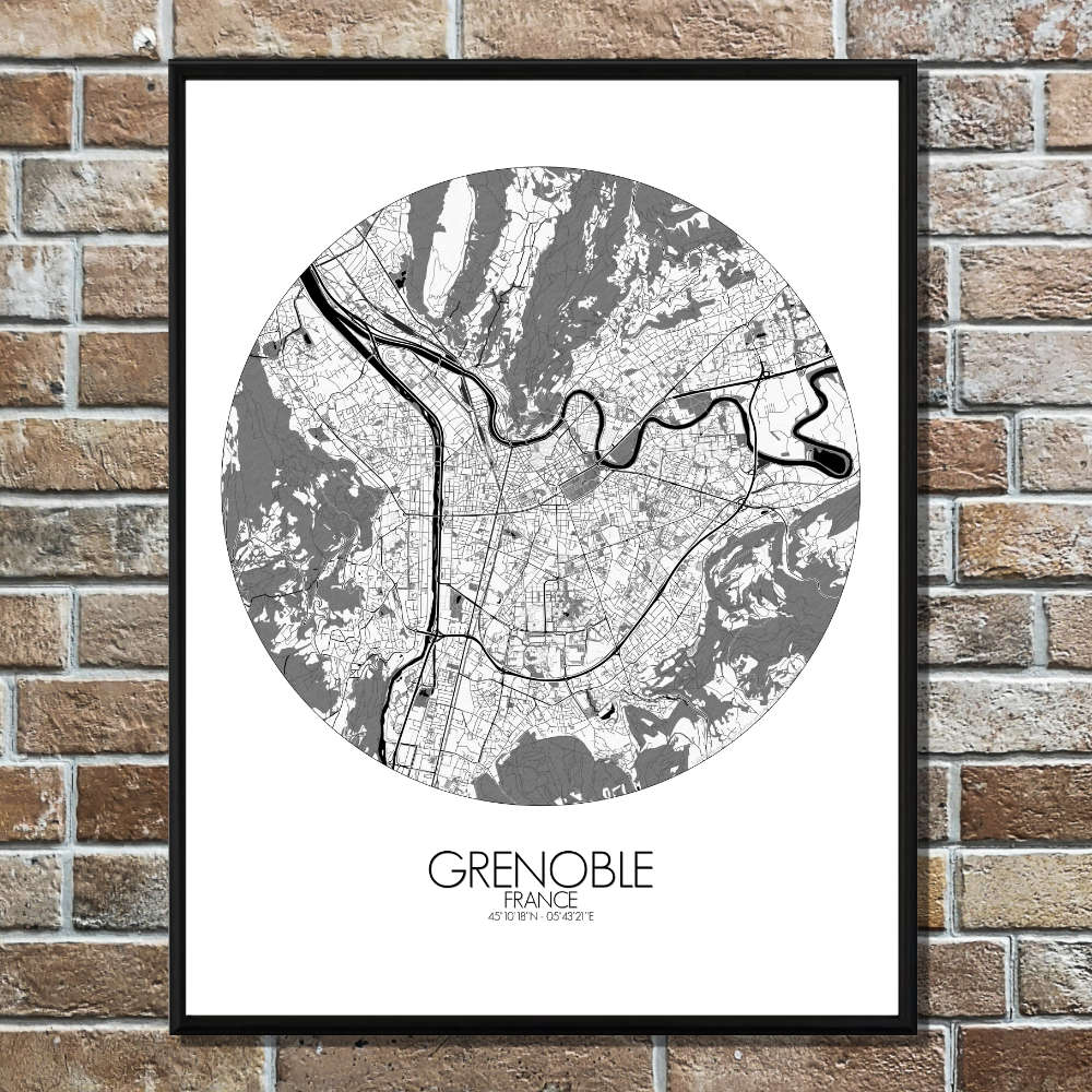 Mapospheres Grenoble Black and White round shape design poster city map