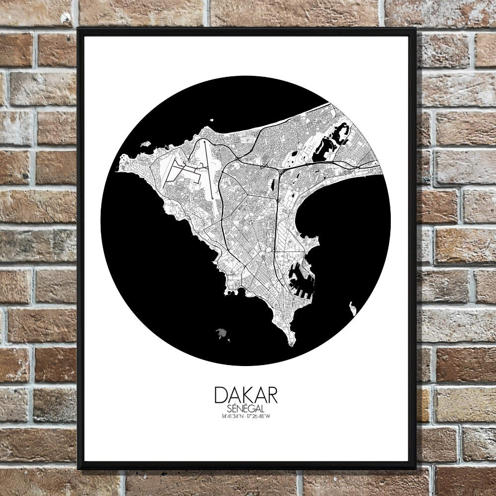 Mapospheres Dakar Black and White round shape design poster affiche city map