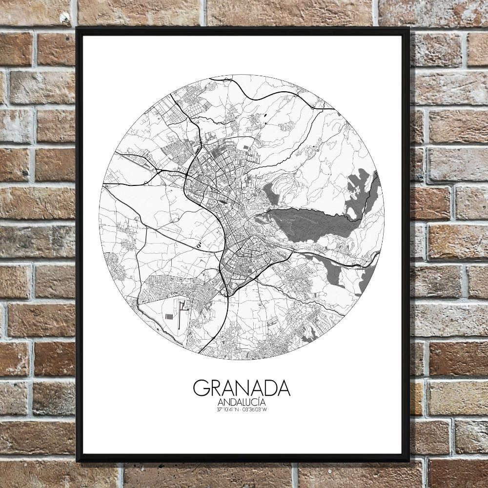 Mapospheres Granada Black and White round shape design poster affiche city map