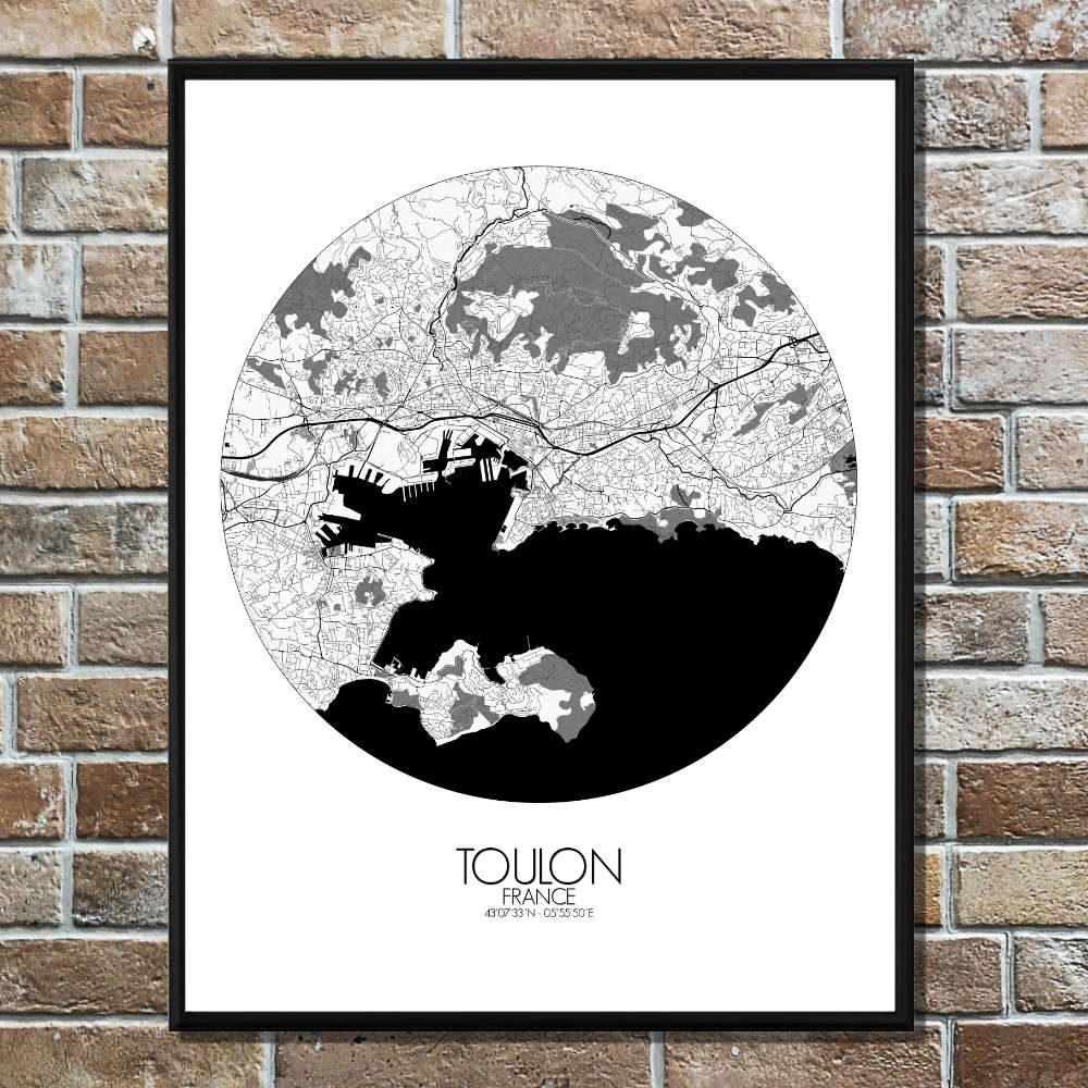 Mapospheres Toulon Black and White round shape design poster city map