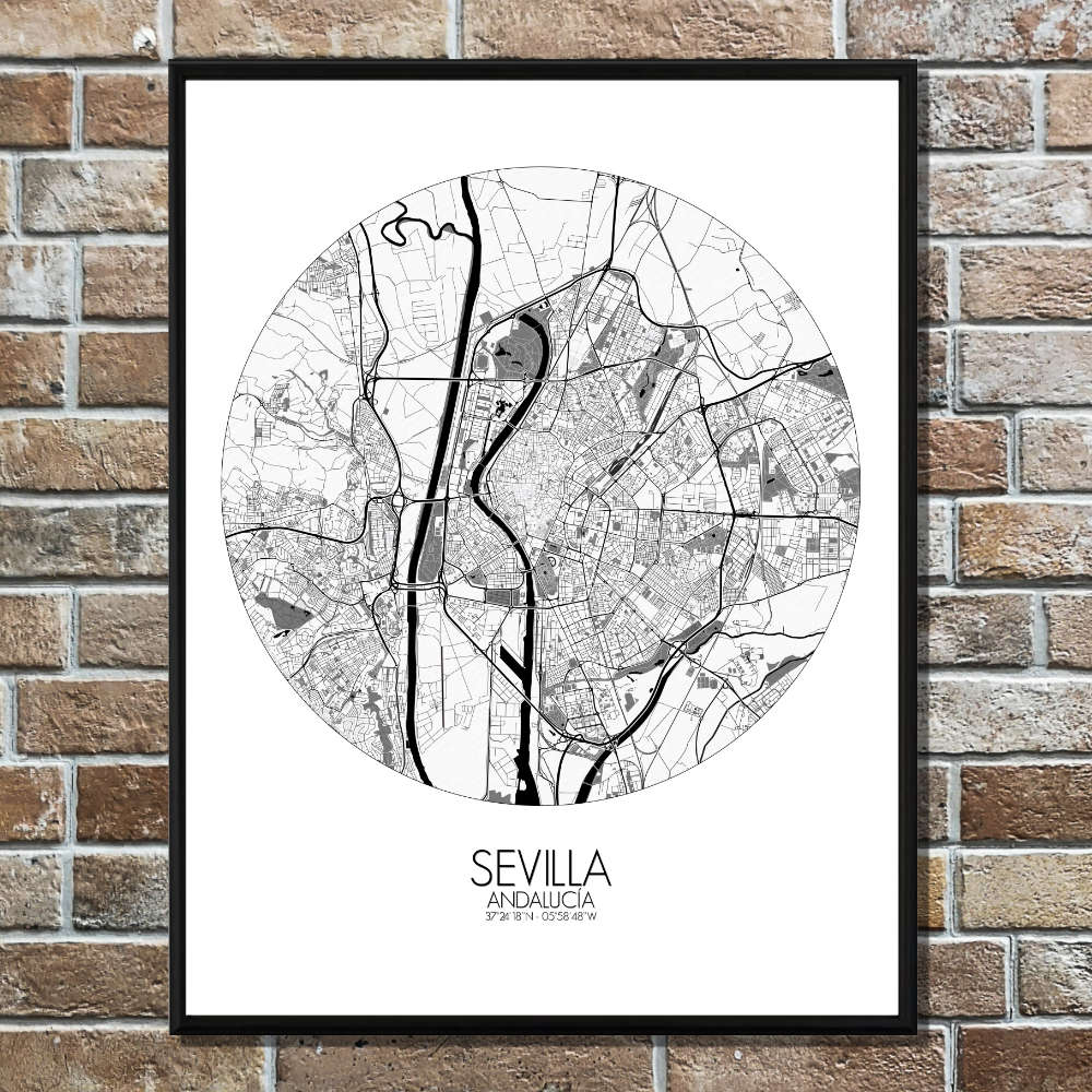 Mapospheres Sevilla Black and White round shape design poster affiche city map