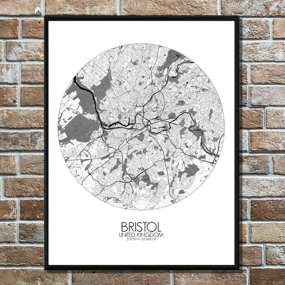 Mapospheres Bristol Black and White round shape design poster city map