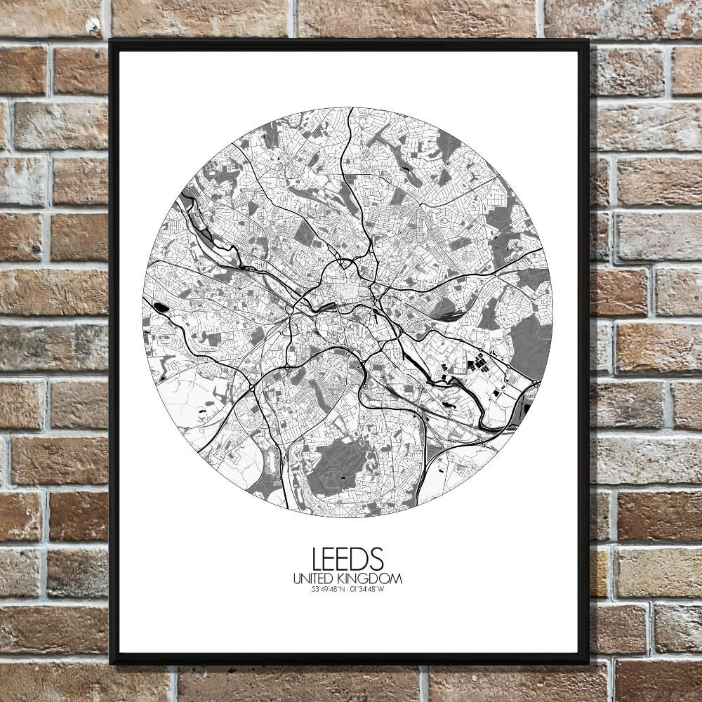Mapospheres Leeds Black and White round shape design poster city map