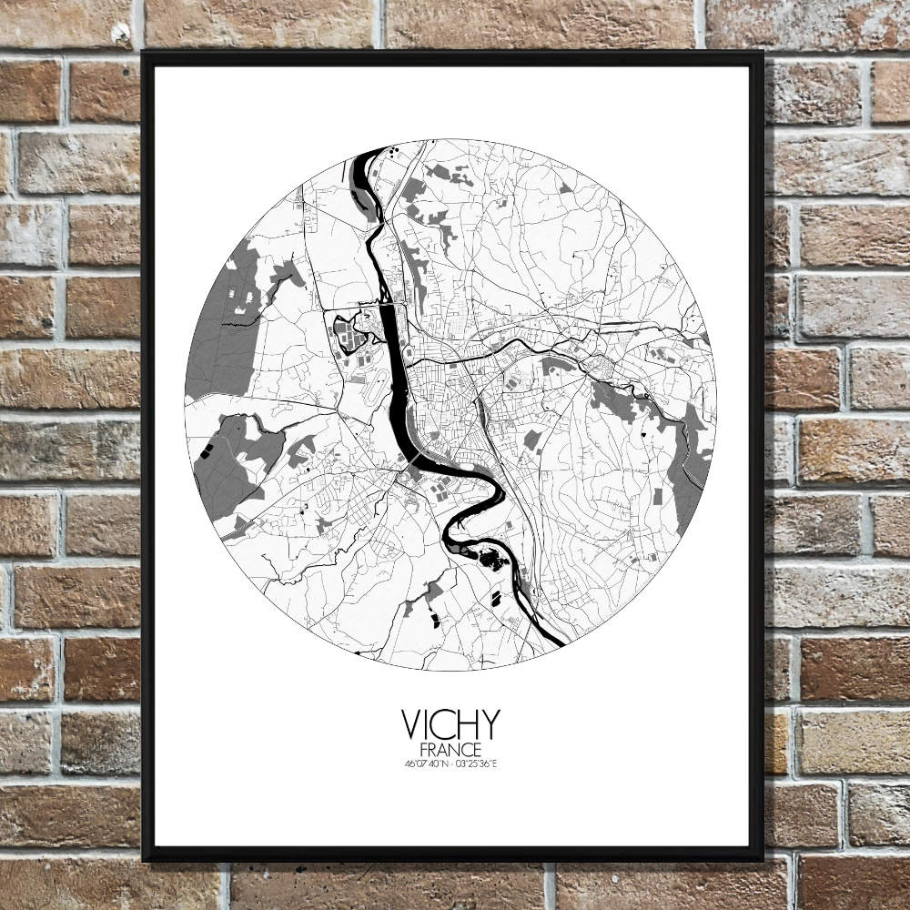 Mapospheres Vichy Black and White round shape design poster city map