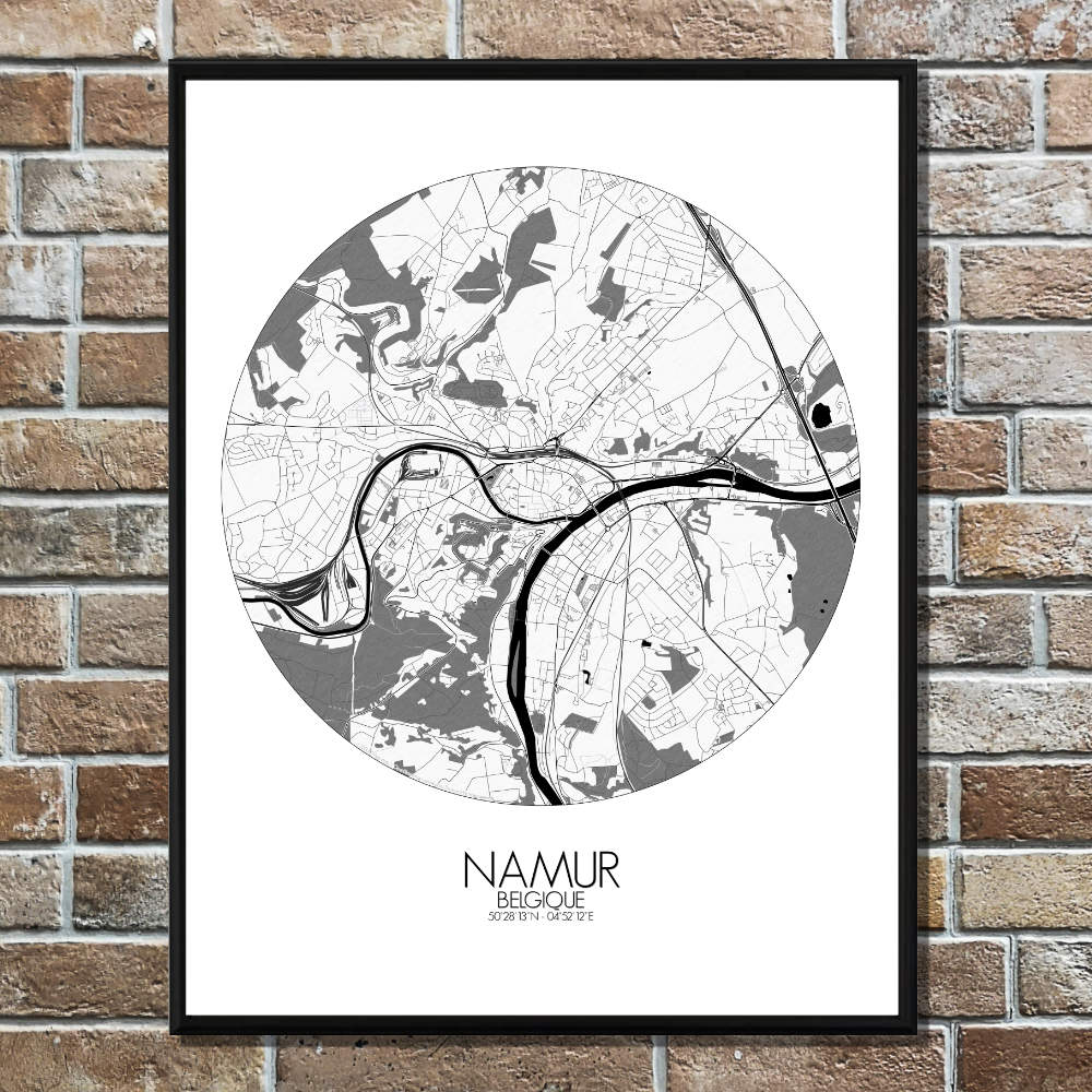 Mapospheres Namur Black and White round shape design poster city map