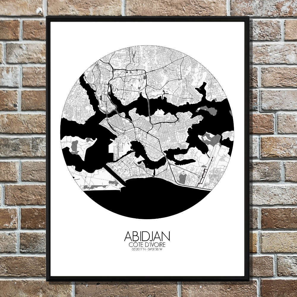 Mapospheres Abidjan Black and White round shape design poster city map