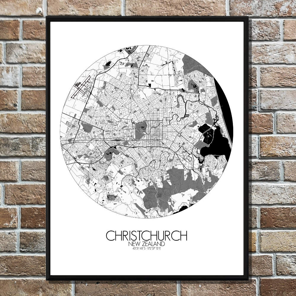 Mapospheres Christchurch Black and White round shape design poster city map