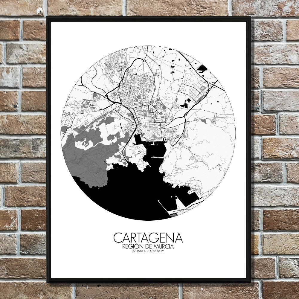 Mapospheres Cartagena Black and White round shape design poster affiche city map