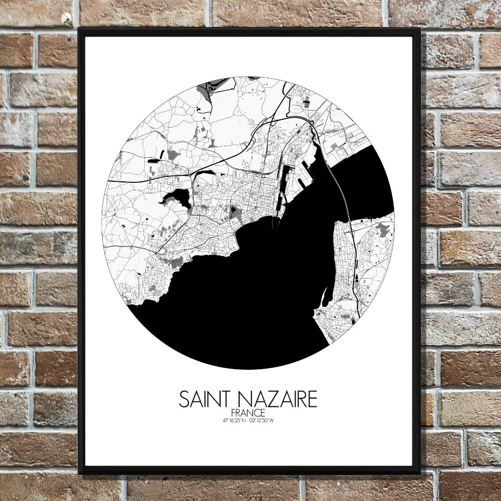 Mapospheres Saint Nazaire Black and White round shape design poster city map