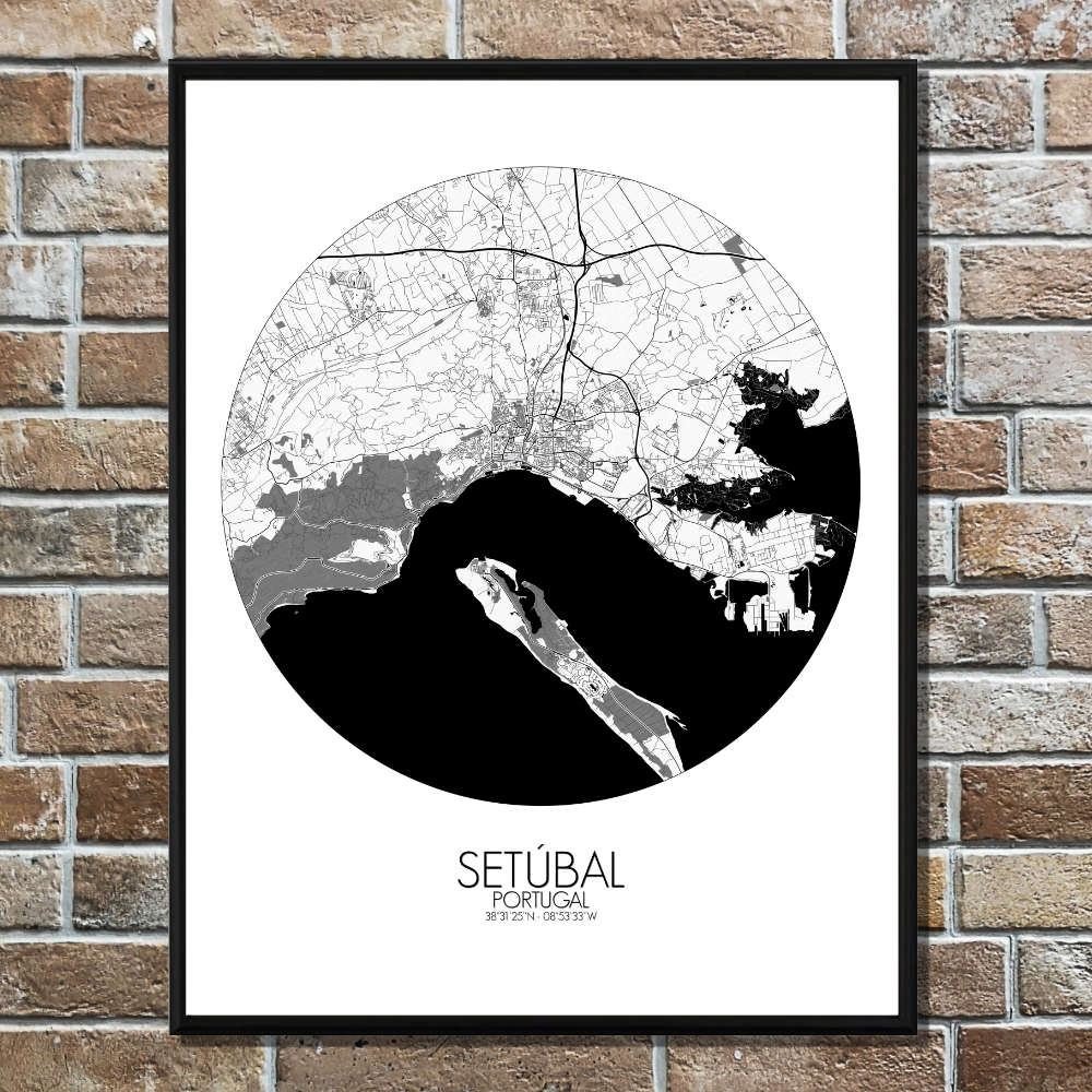 Mapospheres Setubal Black and White round shape design poster city map