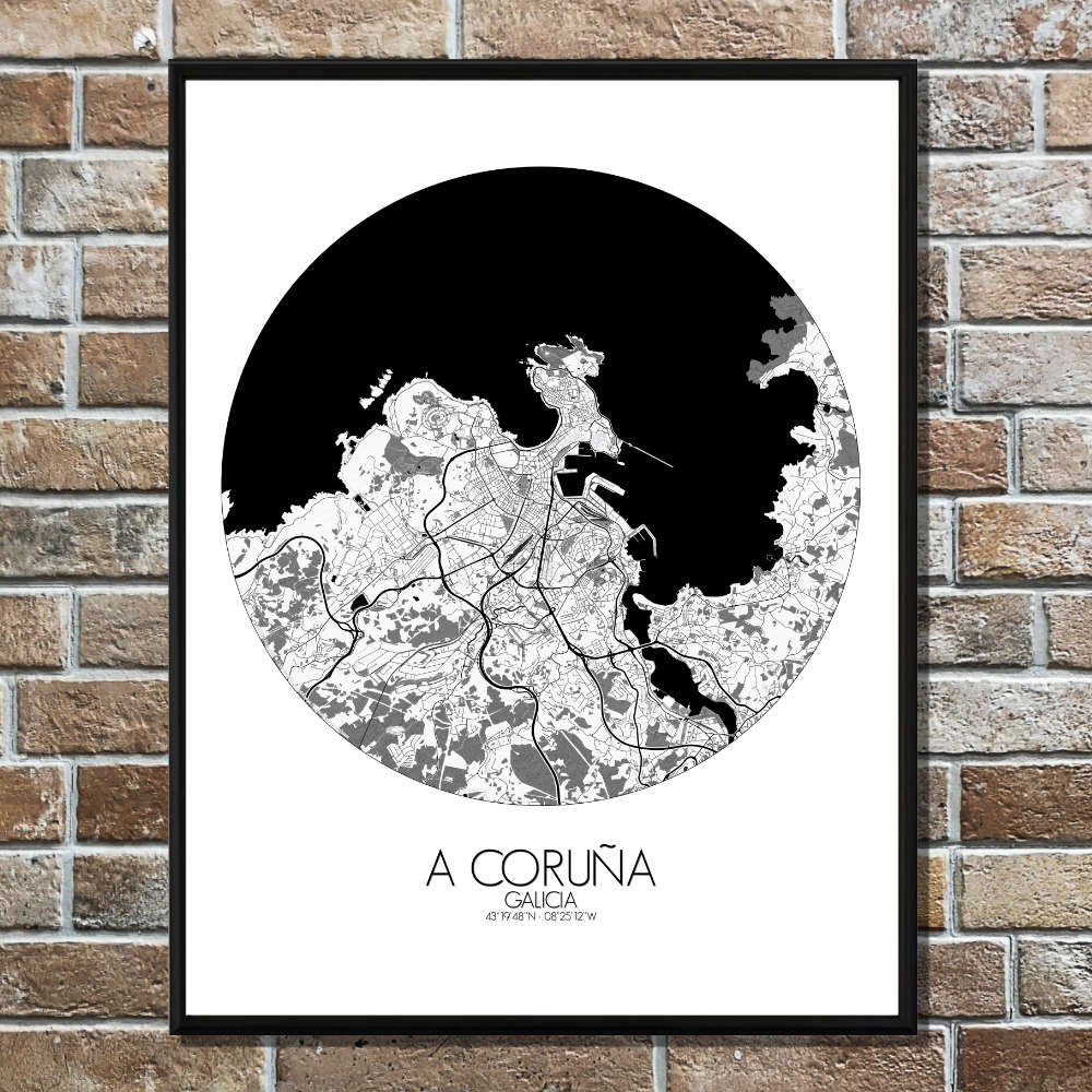 Mapospheres La Coruna Black and White round shape design poster affiche city map
