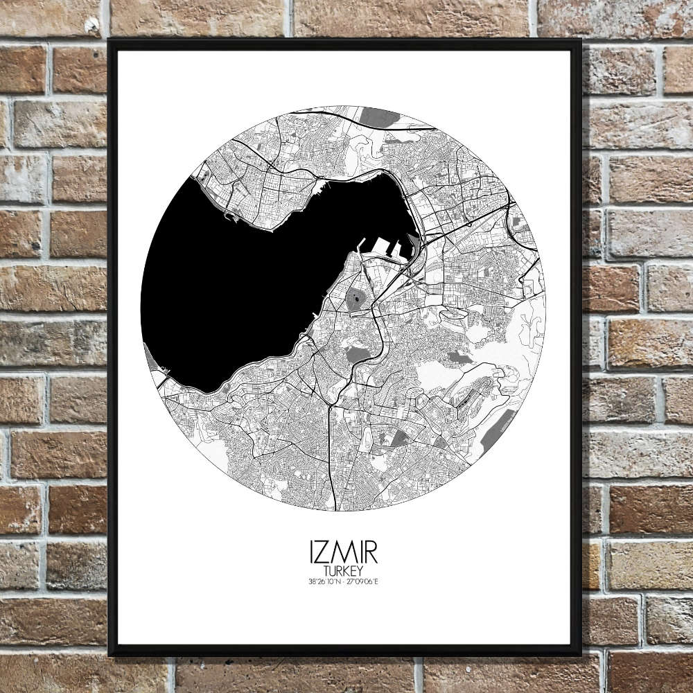 Mapospheres Izmir Black and White round shape design poster city map