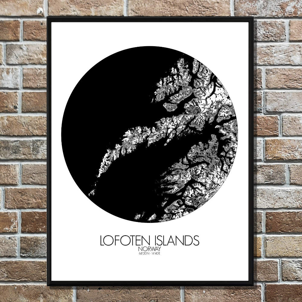 Mapospheres Lofoten Black and White round shape design poster city map