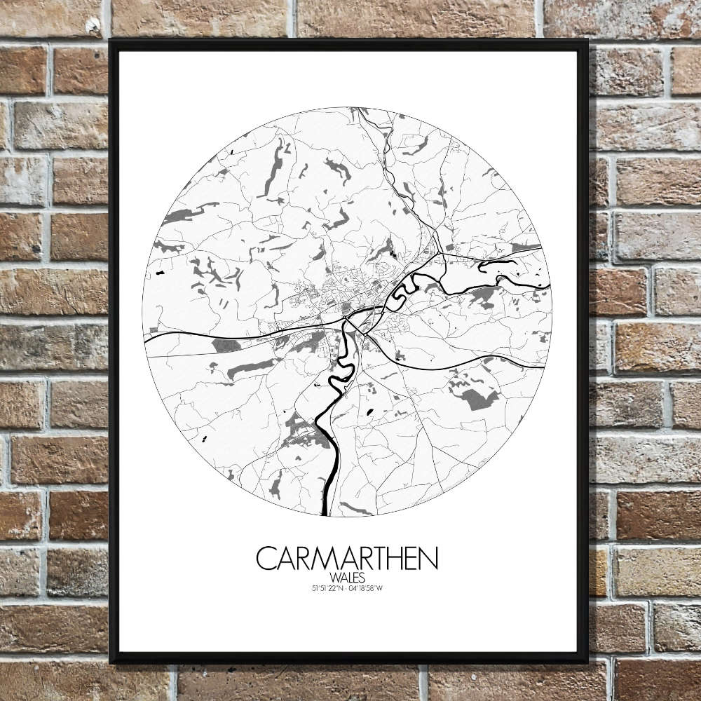 Mapospheres Carmarthen Black and White round shape design poster city map