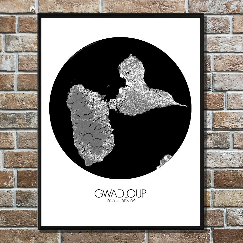 Mapospheres Guadeloupe Black and White round shape design poster city map