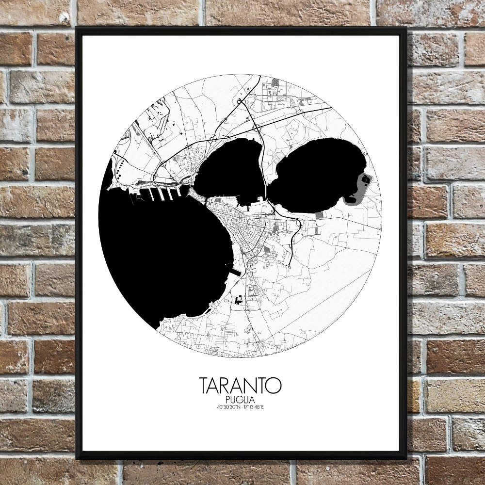 Mapospheres Taranto Black and White round shape design poster city map