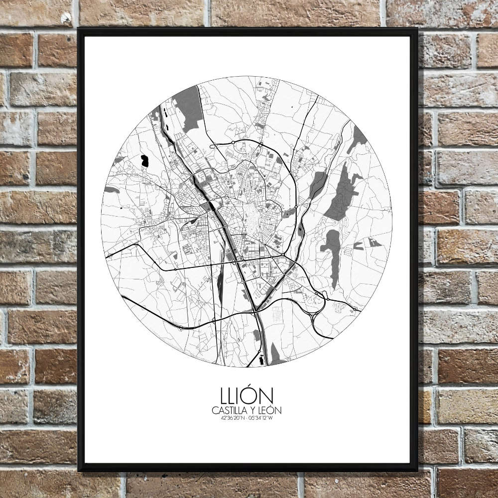 Mapospheres Leon Black and White round shape design poster affiche city map