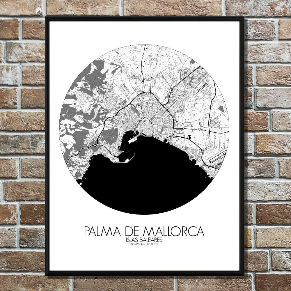 Mapospheres Palma Black and White round shape design poster affiche city map