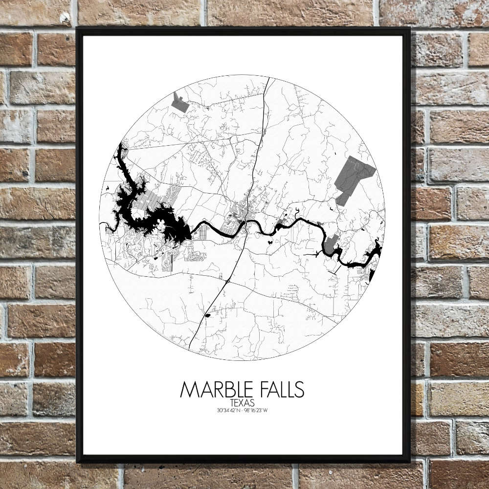 Mapospheres Marble Falls Black and White round shape design poster city map